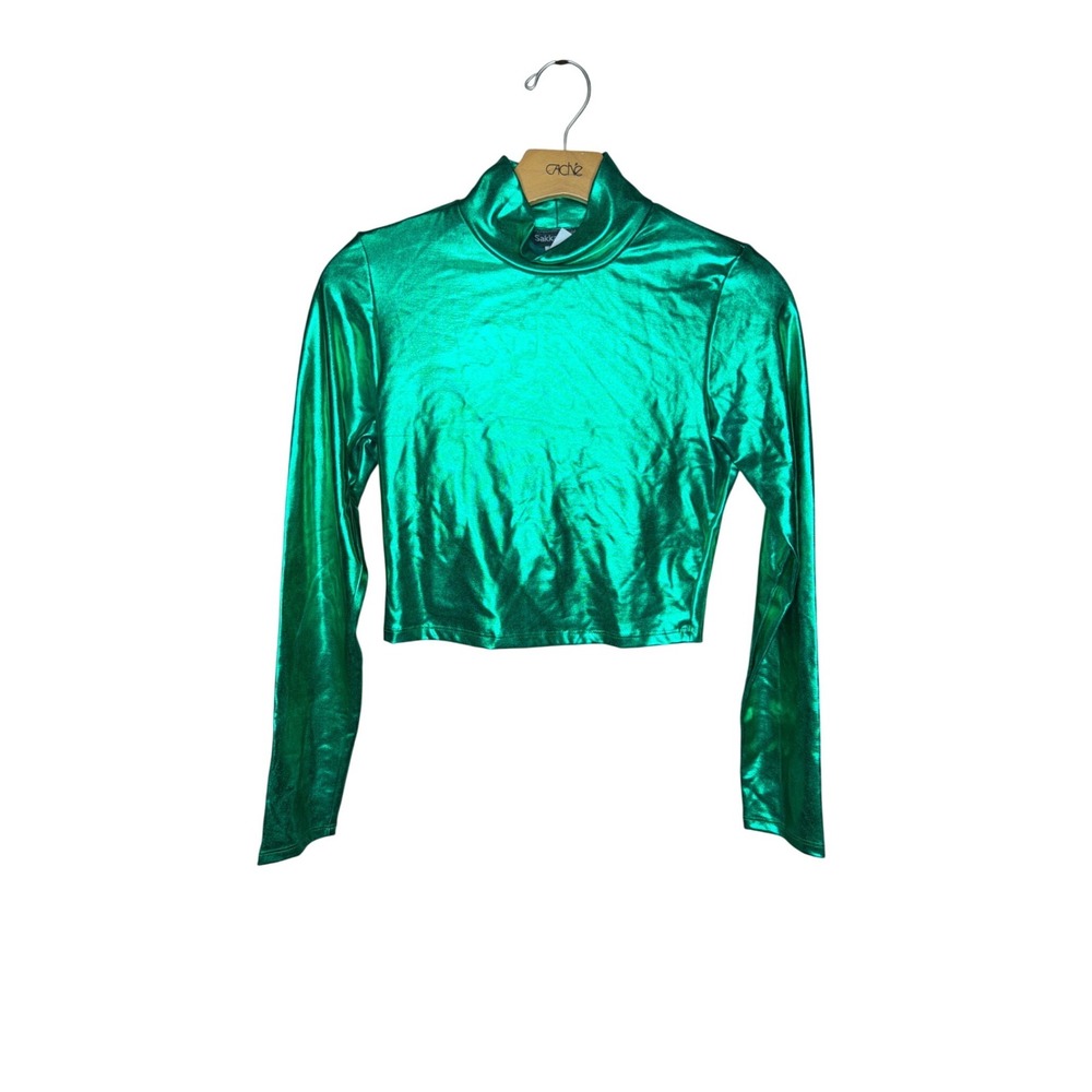 Sakkas Womens Green Metallic Mock Neck Long Sleeve Crop Top Liquid Foil‎ Size L